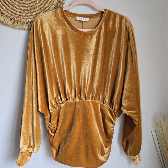 THML, Marigold Yellow Velvet Ruched Dolman Bishop Sleeve Blouse Top SZ Medium - Picture 8 of 11